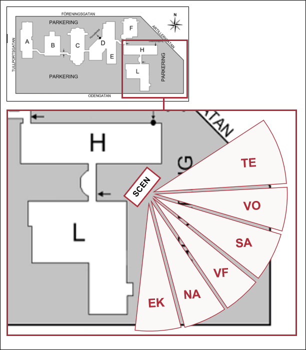Karta över ED området, besökare bör placera sig från norr TE, VO, SA, VF, NA, EK
